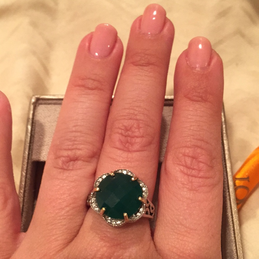 COPY - Flower Ring Silver and 14k gold green stone